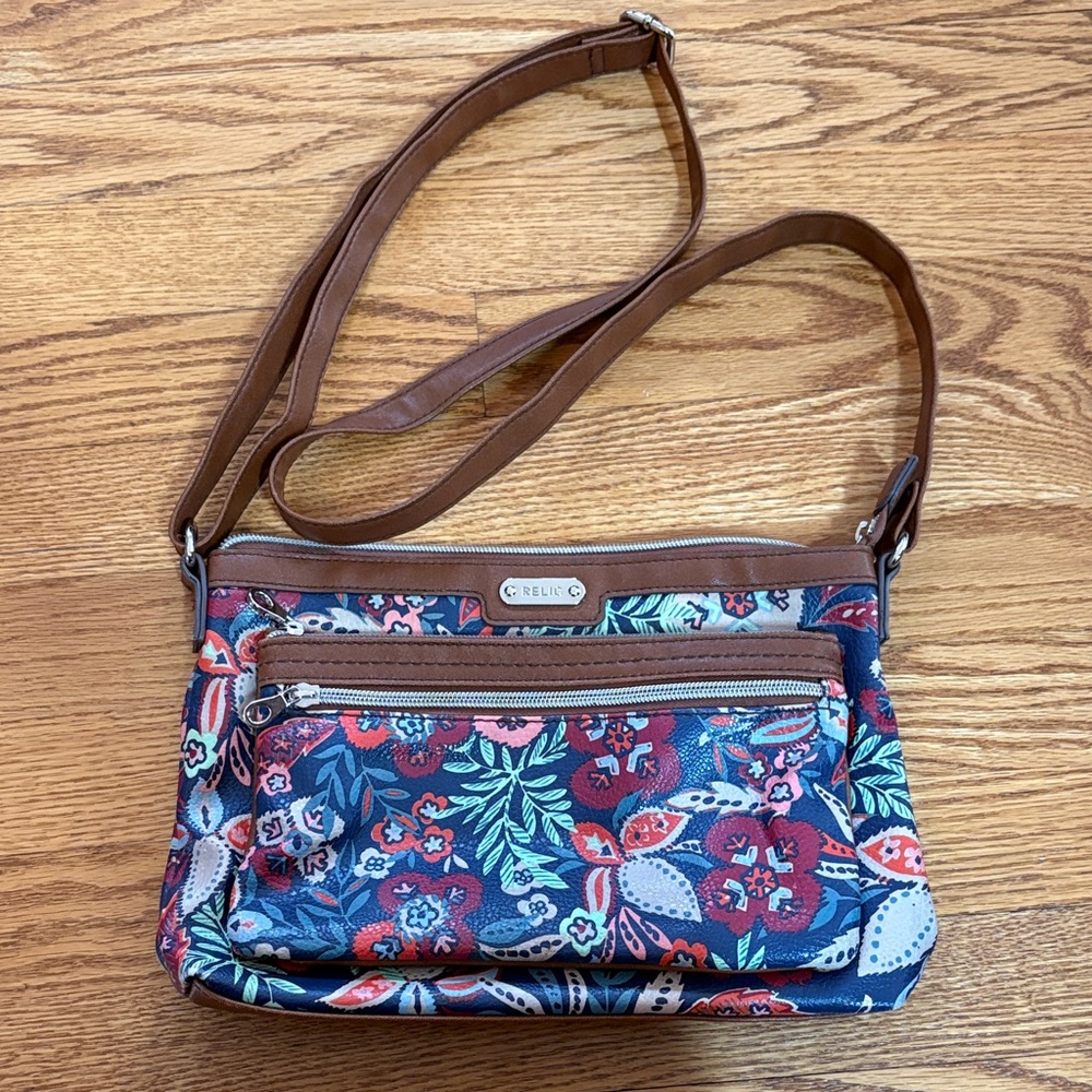Relic Blue and Brown Floral Crossbody Bag